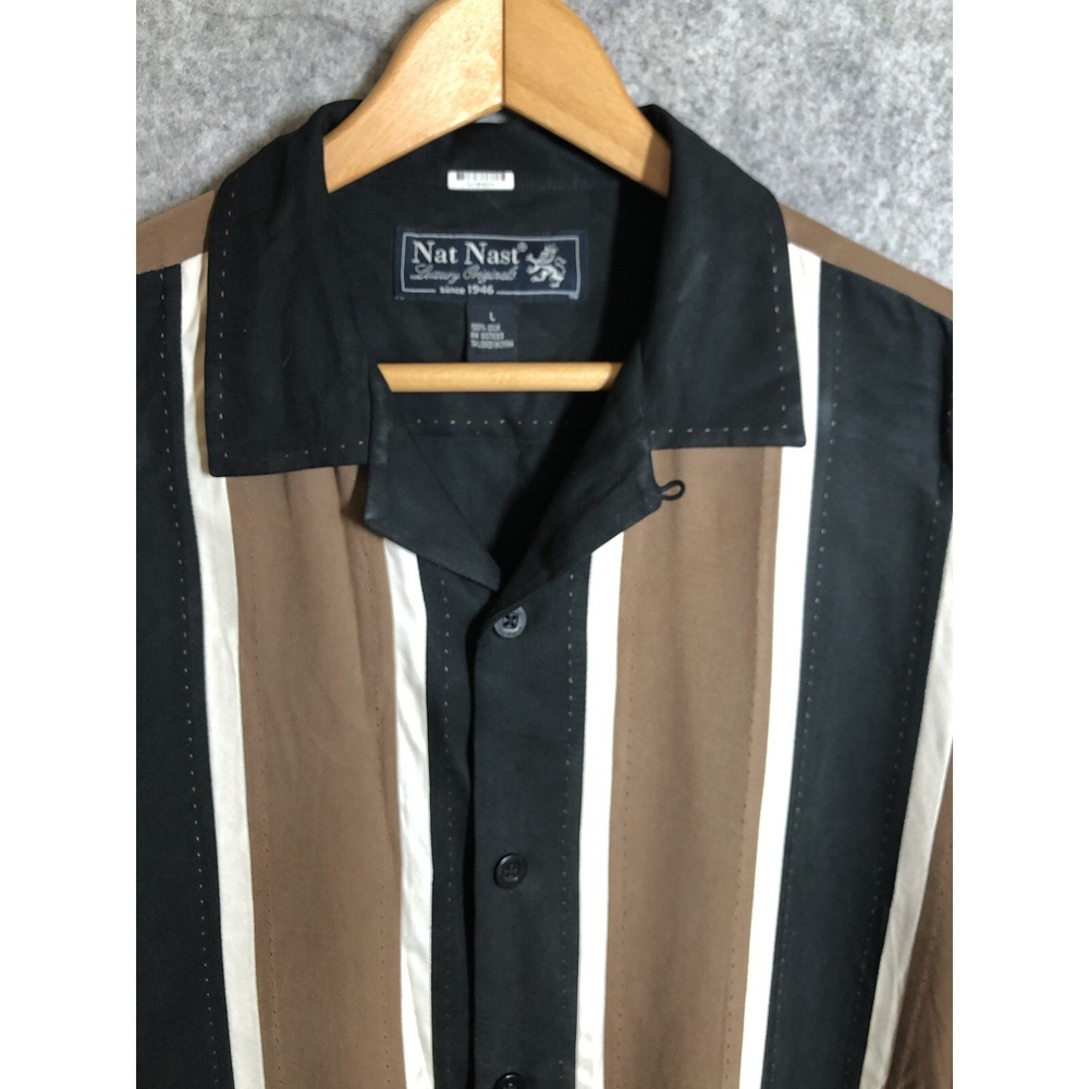 Nat Nast Shirt Large Black Stripe 100% Silk Bowling Camp Hawaiian Casual Classi